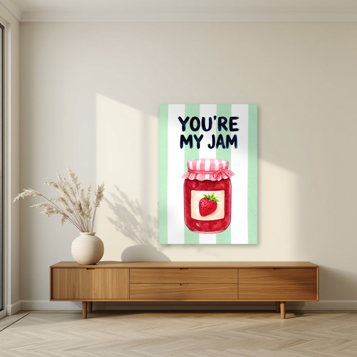 You're My Jam – Cabana Green as an unframed print, above a walnut sideboard in a living room