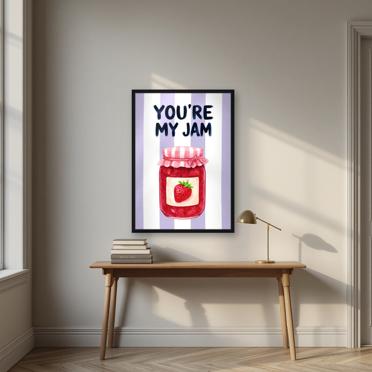 You're My Jam – Capri Violet in a black frame, above an oak writing desk