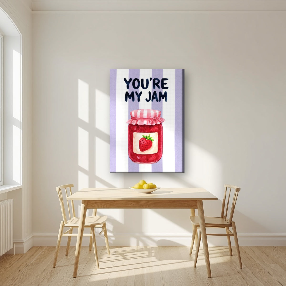 You're My Jam – Capri Violet on a slim-edge canvas, above a dining table in a bright kitchen