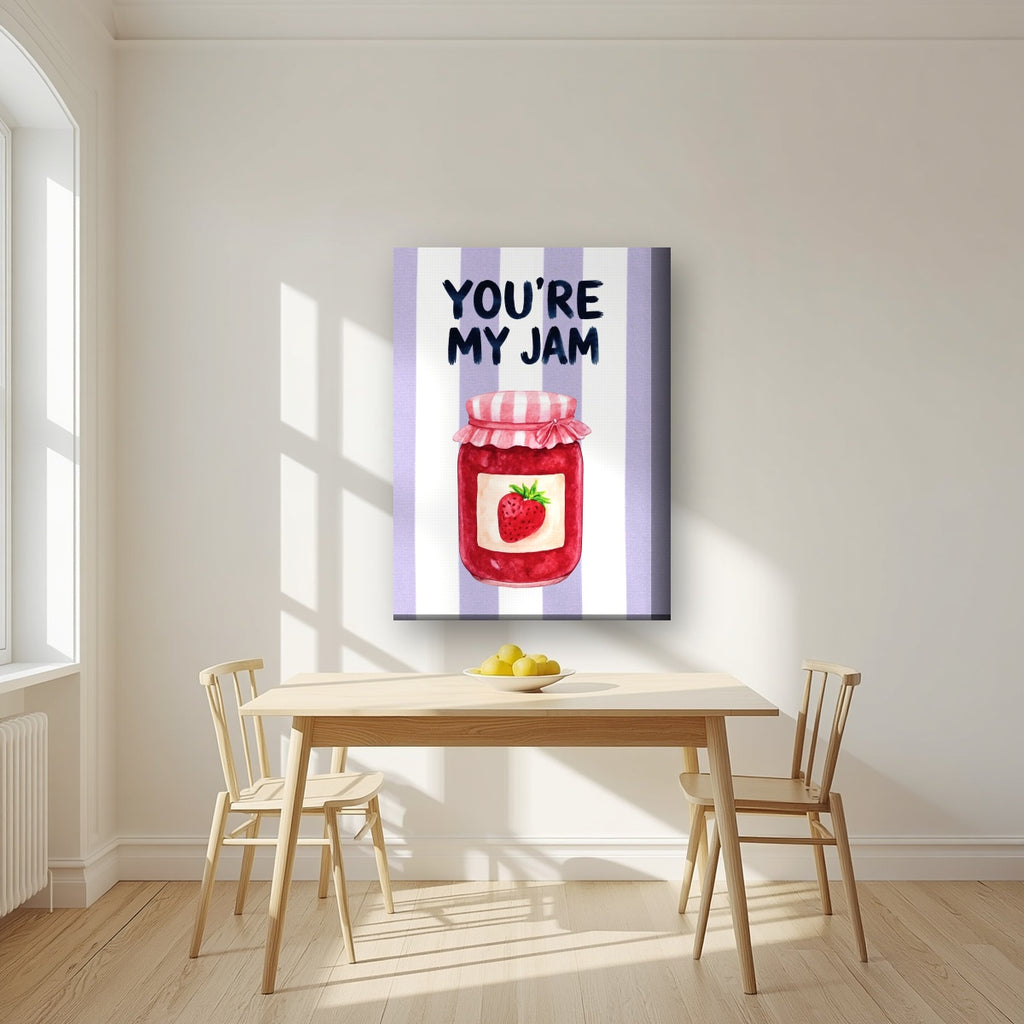 You're My Jam – Capri Violet on a thick-edge canvas, above a dining table in a bright kitchen