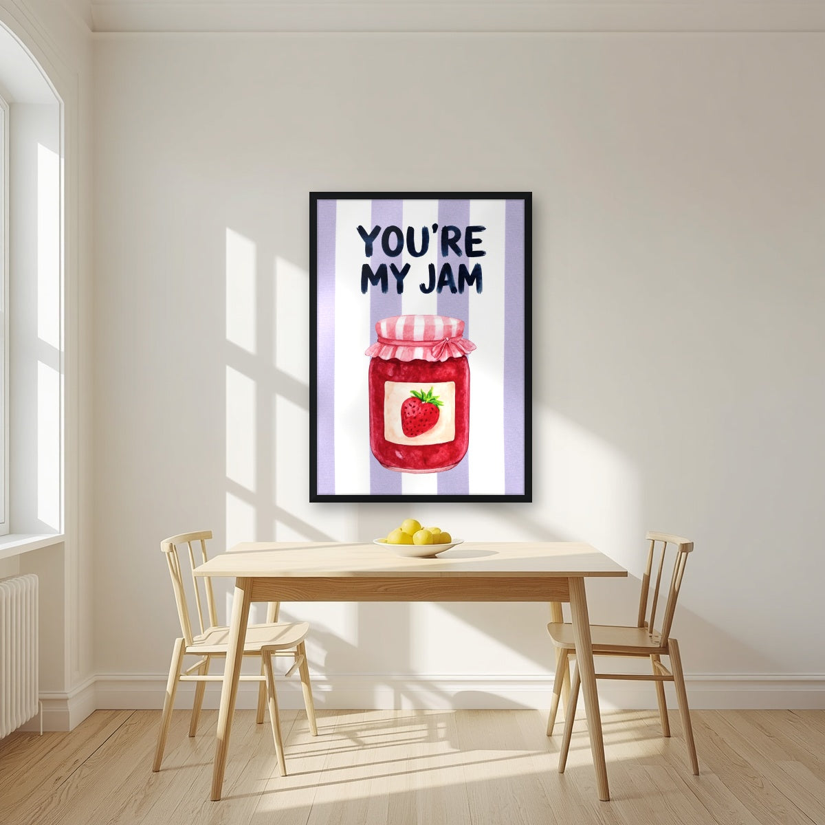 You're My Jam – Capri Violet in a black frame, above a dining table in a bright kitchen