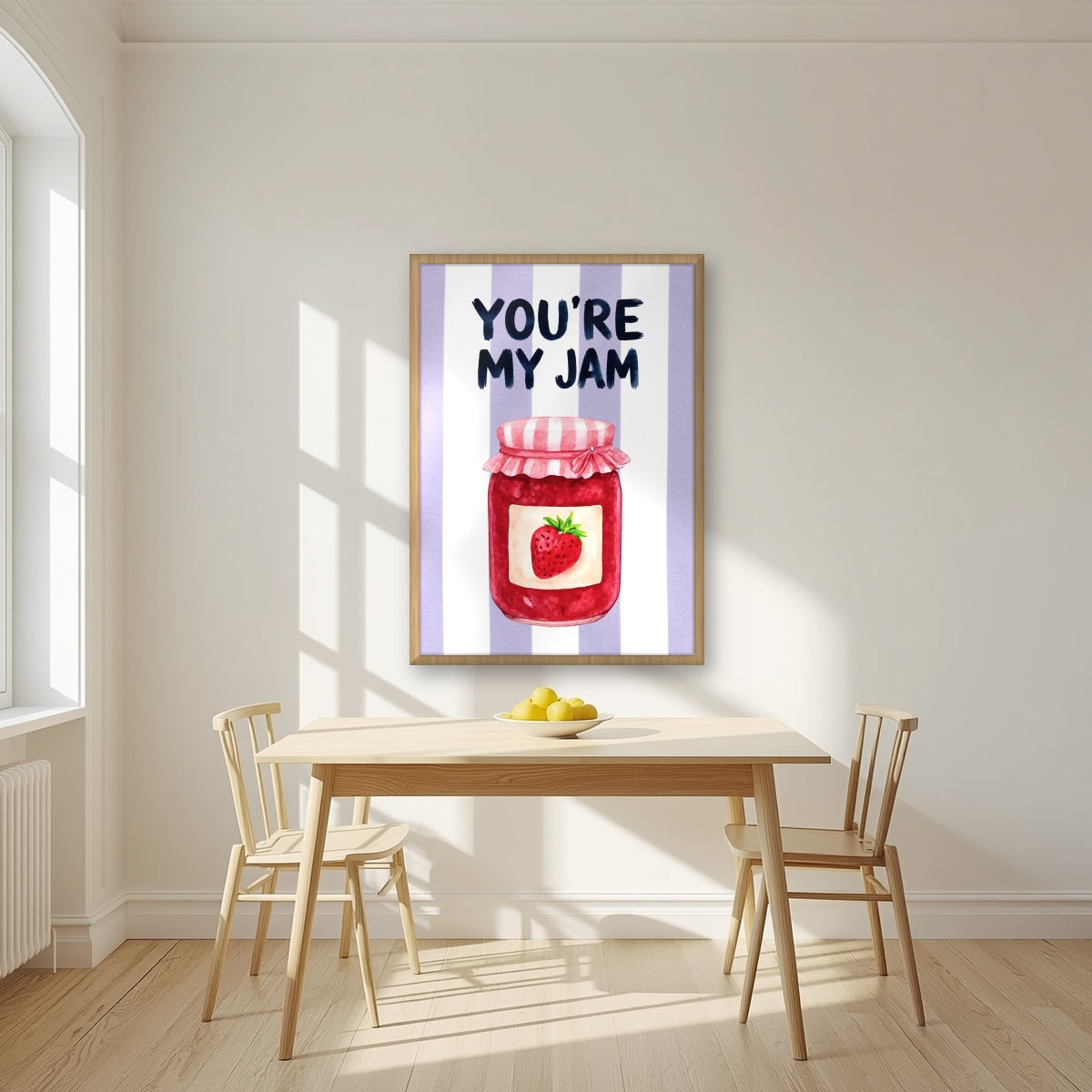 You're My Jam – Capri Violet in an oak frame, above a dining table in a bright kitchen