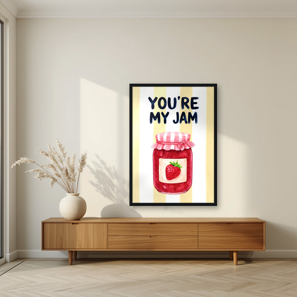 You're My Jam – Limoncello in a black frame, above a walnut sideboard in a living room
