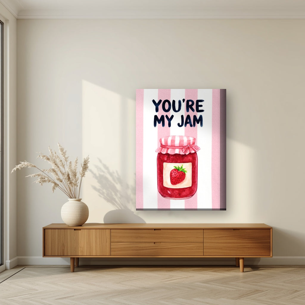 You're My Jam – Positano Pink on a thick-edge canvas, above a walnut sideboard in a living room