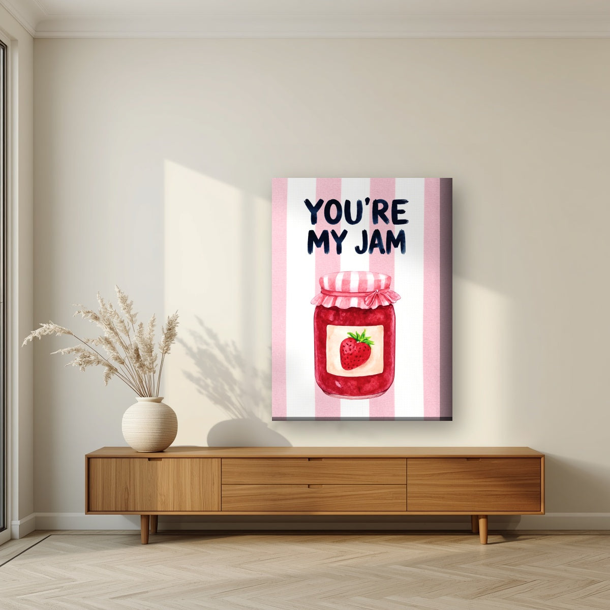 You're My Jam – Positano Pink on a thick-edge canvas, above a walnut sideboard in a living room