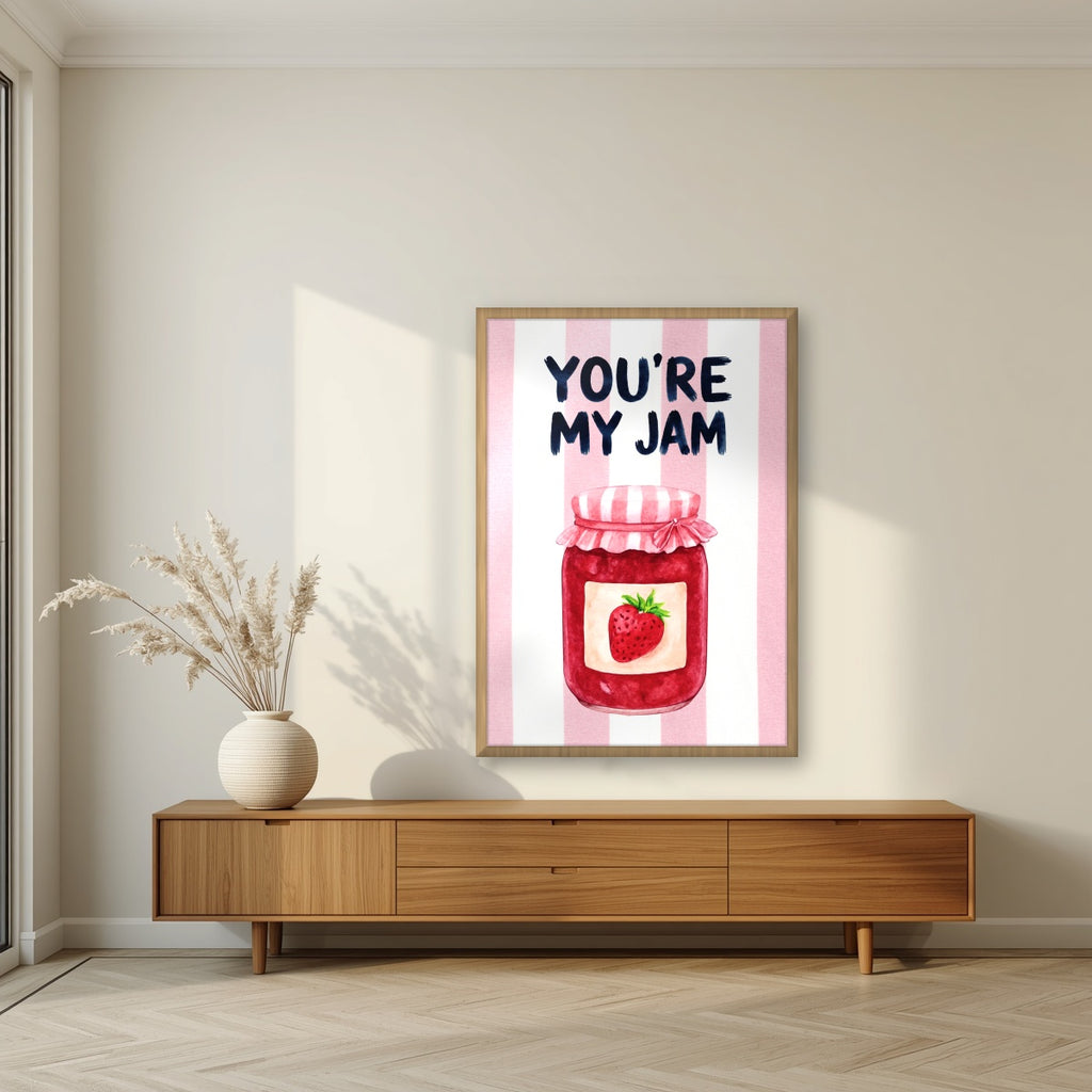 You're My Jam – Positano Pink in an oak frame, above a walnut sideboard in a living room
