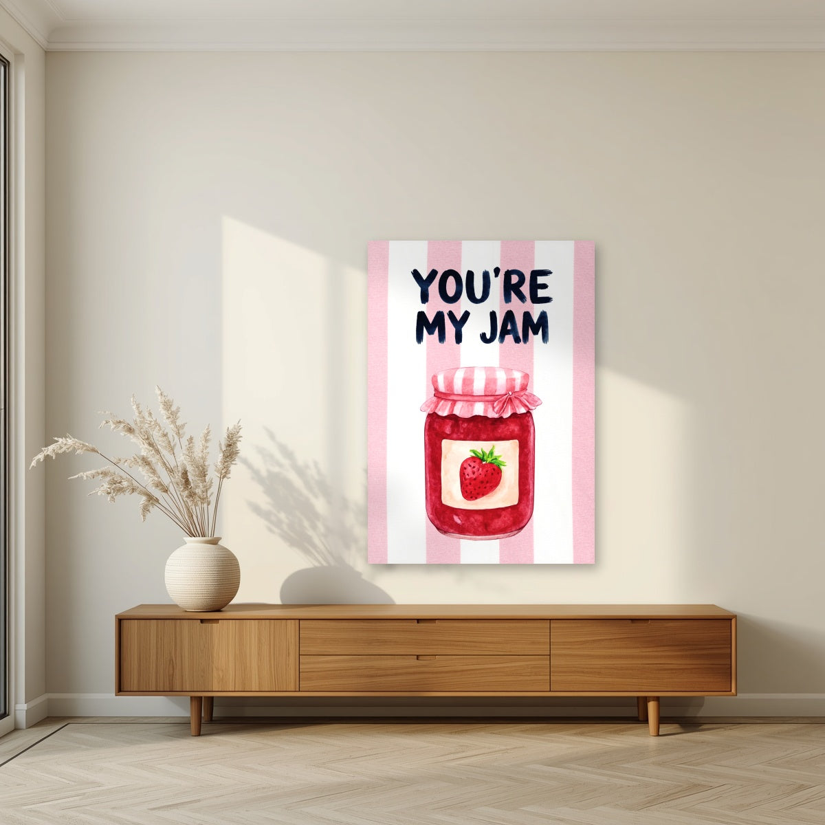 You're My Jam – Positano Pink as an unframed print, above a walnut sideboard in a living room