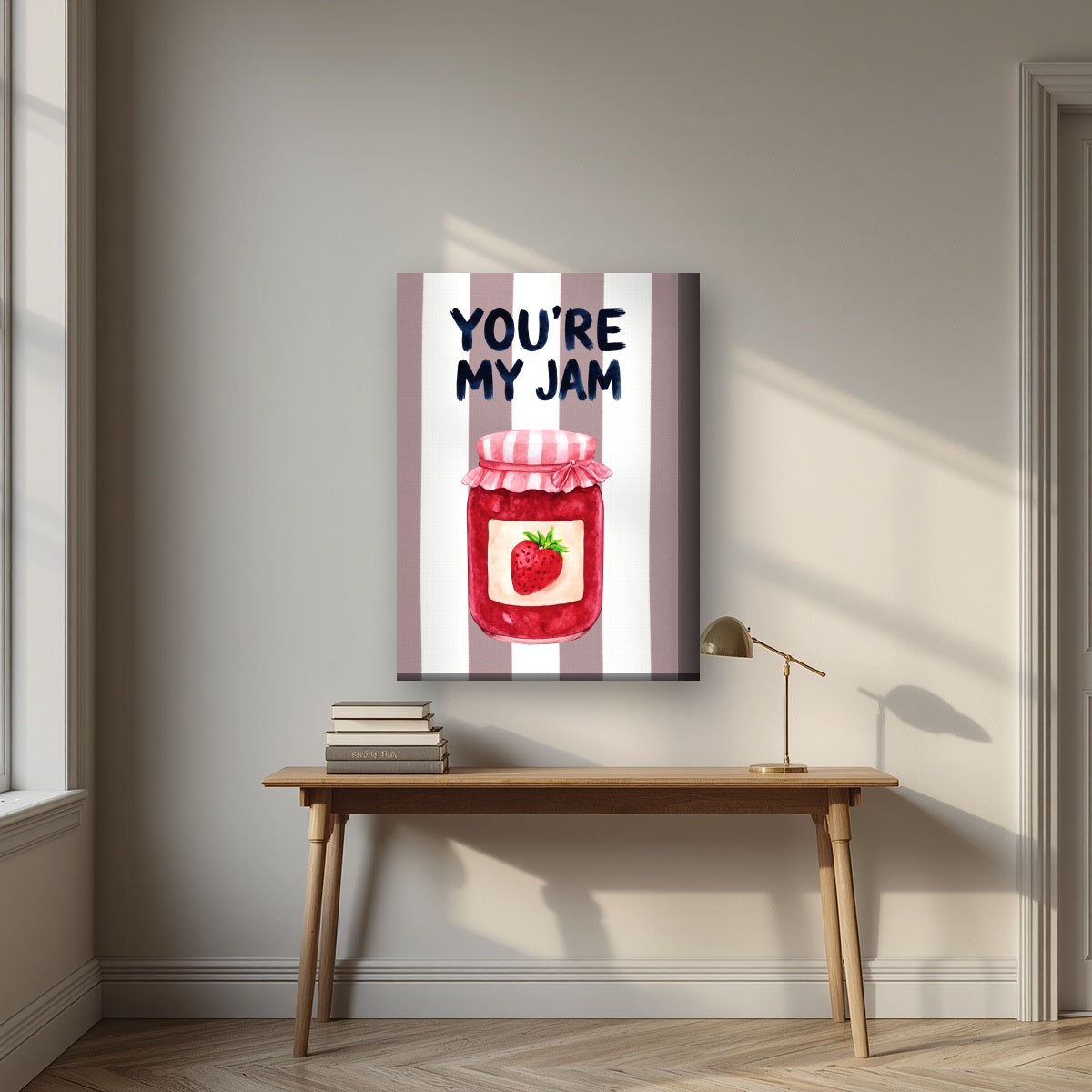 You're My Jam – Tuscan Taupe on a thick-edge canvas, above an oak writing desk