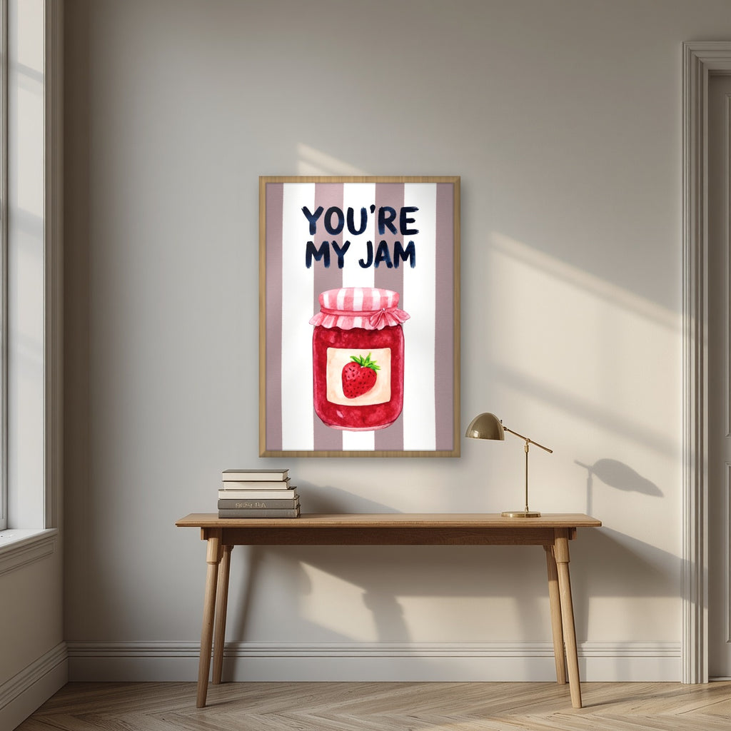 You're My Jam – Tuscan Taupe in an oak frame, above an oak writing desk