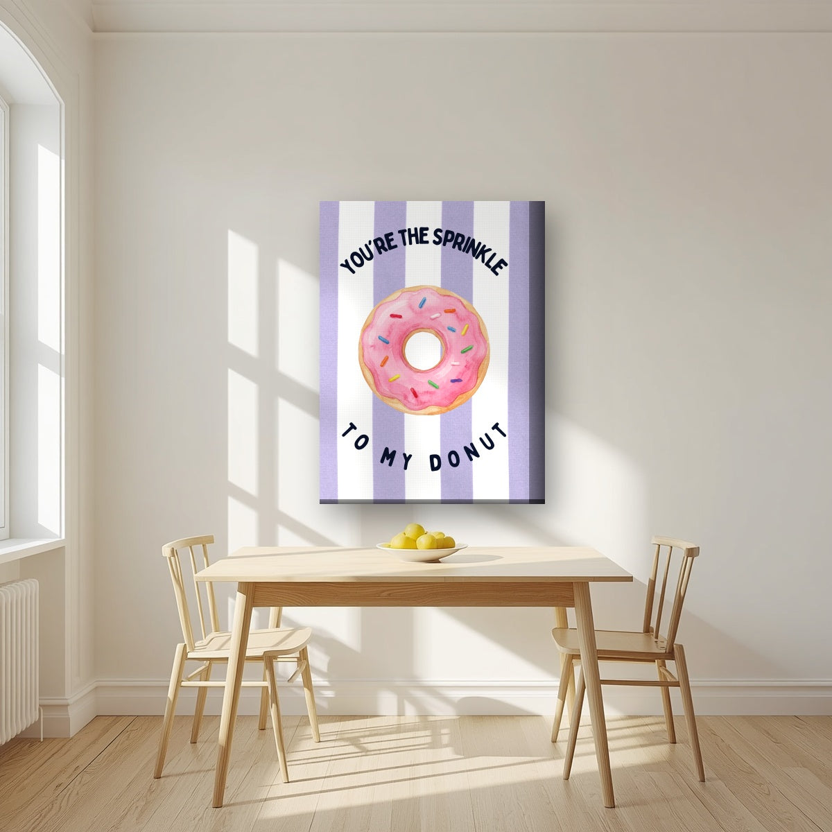 You're the Sprinkle to My Donut – Capri Violet on a thick-edge canvas, above a dining table in a bright kitchen