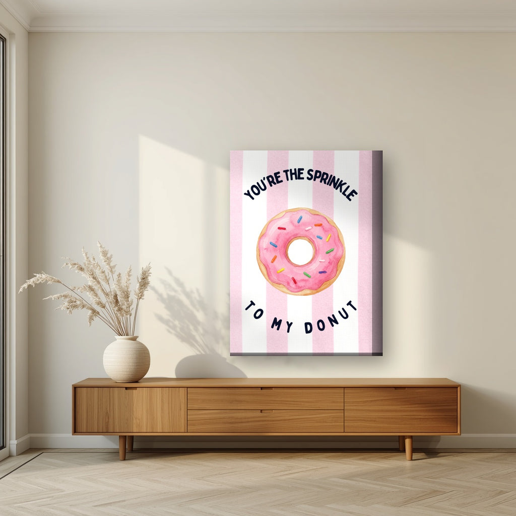 You're the Sprinkle to My Donut – Positano Pink on a thick-edge canvas, above a walnut sideboard in a living room